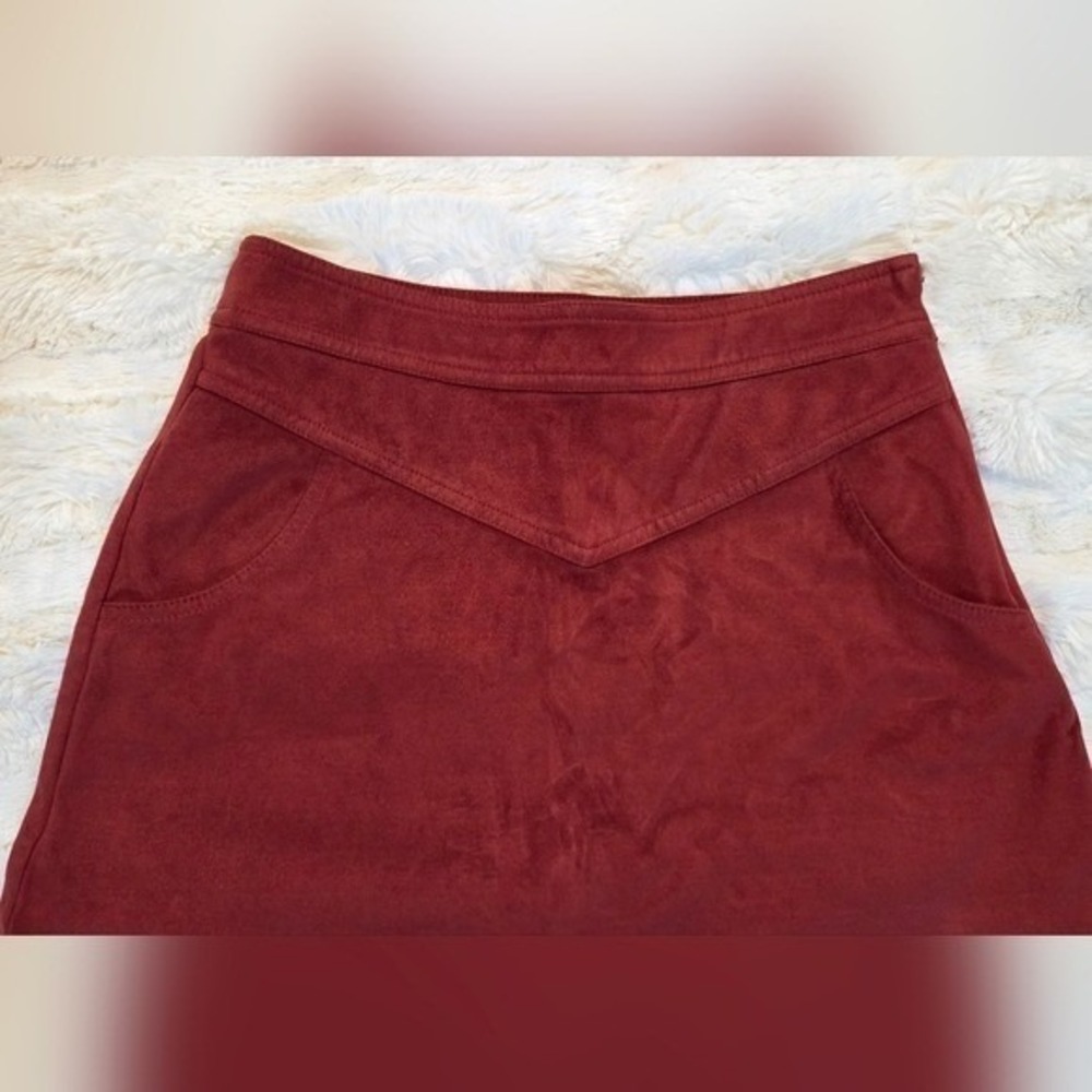 Red Faux Suede Mini Skirt 90s Y2K Aesthetic Fitted Side Zip Size Small - Picture 4 of 6